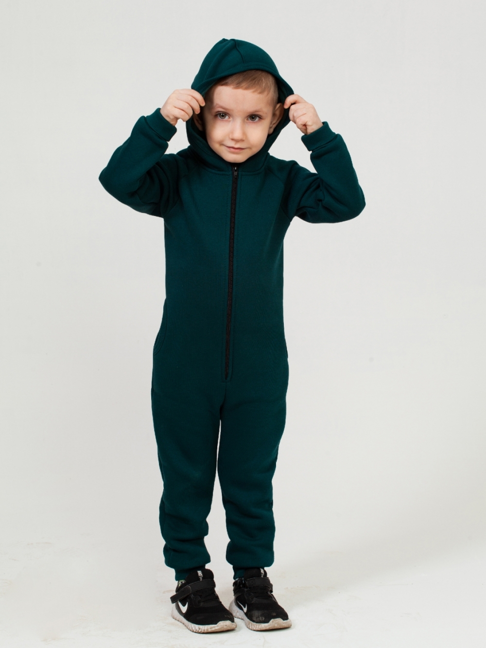 318-ИЗ. Комбинезон на молнии с капюшоном, изумруд, хлопок 65%, 35% ПЭ, 3 нитка толстовка (начёс) 86,92,98,104